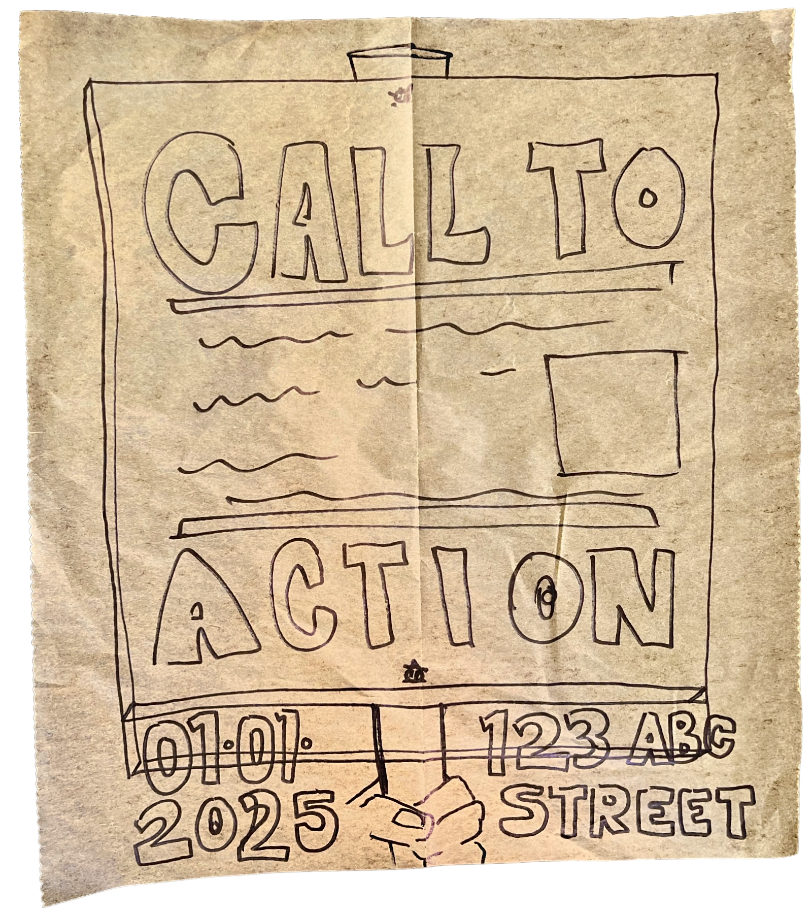 first draft of marketing poster on brown parchment paper that says call to action